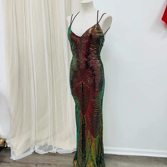 NYE Iridescent Sequin Open Back Evening Dress Gown Sz Small - Picture 1 of 3